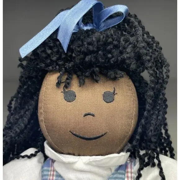 Vintage Baby Gap Girl Doll Black Yarn Hair Blue Denim Dress Flower - No Tags